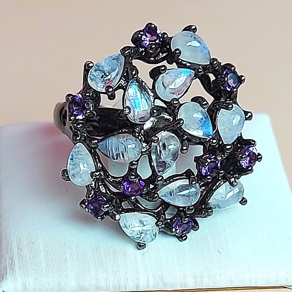 Natural Moonstone & Amethyst 925 Sterling Silver Ring Sz 7 - Picture 8 of 8